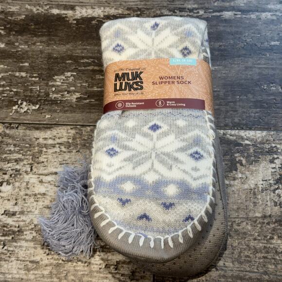 Muk Luks‎ Womens Slipper Sock L XL 8 10 Gray Blue Knit Slip Resistant Cozy NWT - Picture 1 of 6